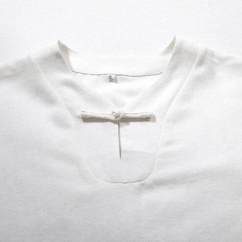 Chemise homme en lin blanc à manches trois-quarts et boutons grenouille Buddha Stones