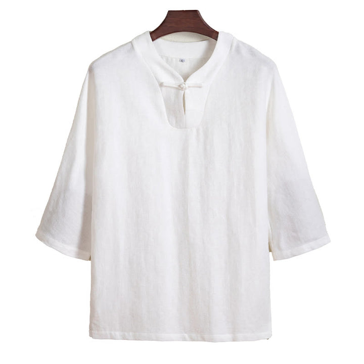 Chemise homme en lin blanc à manches trois-quarts et boutons grenouille Buddha Stones