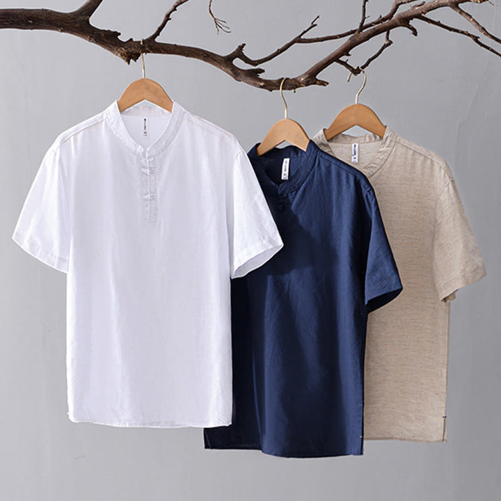 Chemise homme en coton et lin à col ras du cou et demi-boutonnage, motif Buddha Stones, douce et unie