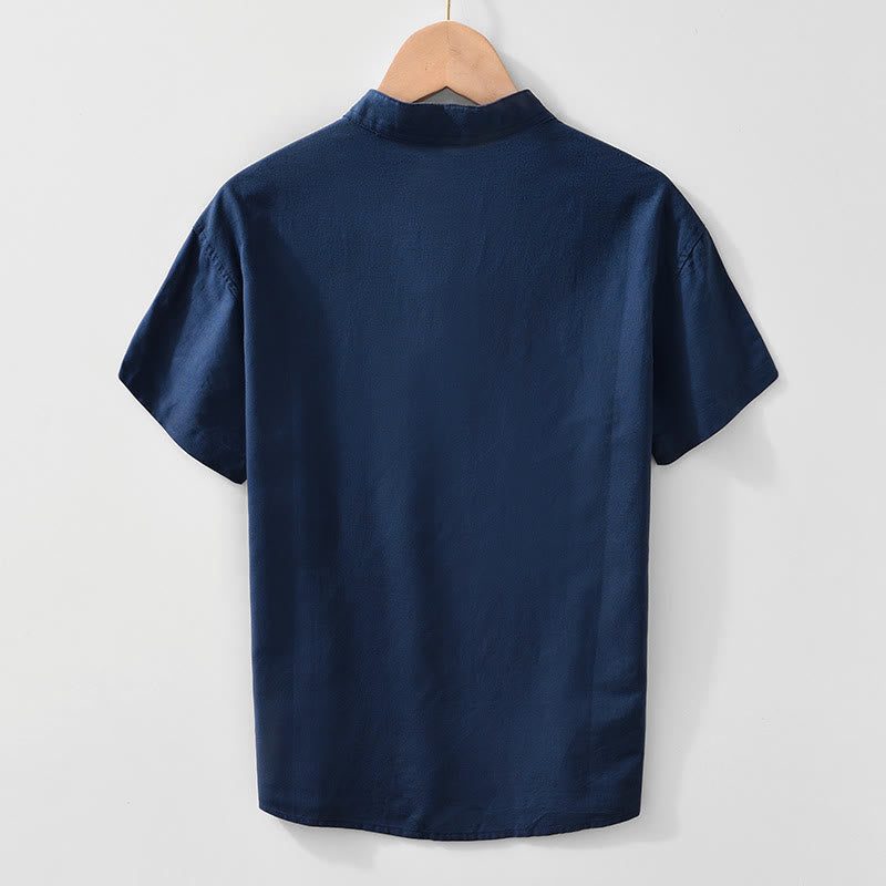 Chemise homme en coton et lin à col ras du cou et demi-boutonnage, motif Buddha Stones, douce et unie
