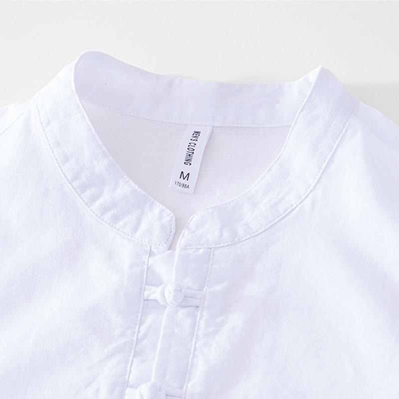 Chemise homme en coton et lin à col ras du cou et demi-boutonnage, motif Buddha Stones, douce et unie
