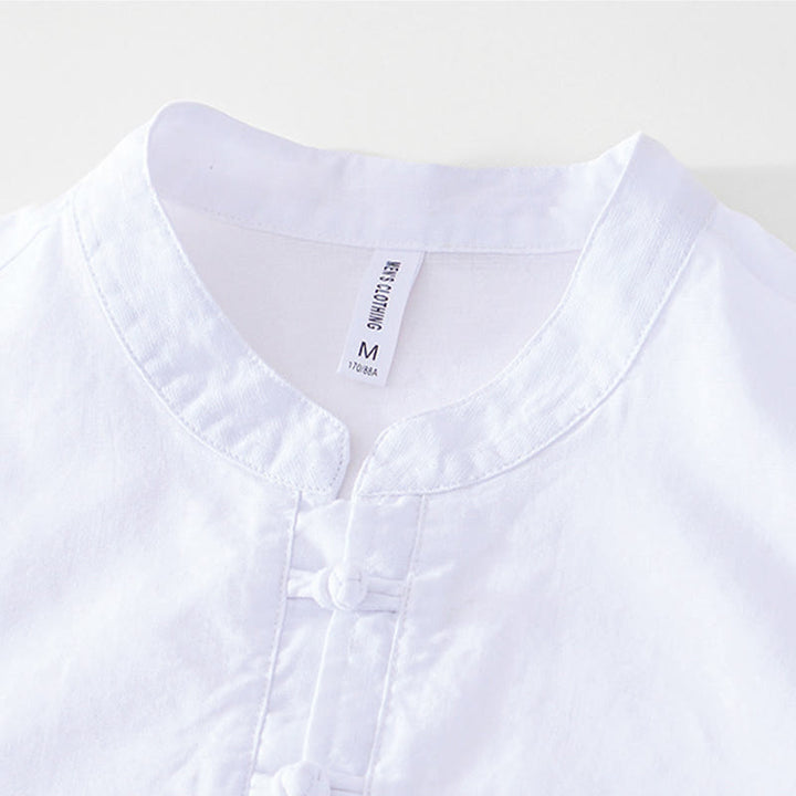 Chemise homme en coton et lin à col ras du cou et demi-boutonnage, motif Buddha Stones, douce et unie