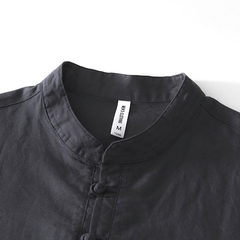 Chemise homme en coton et lin à col ras du cou et demi-boutonnage, motif Buddha Stones, douce et unie