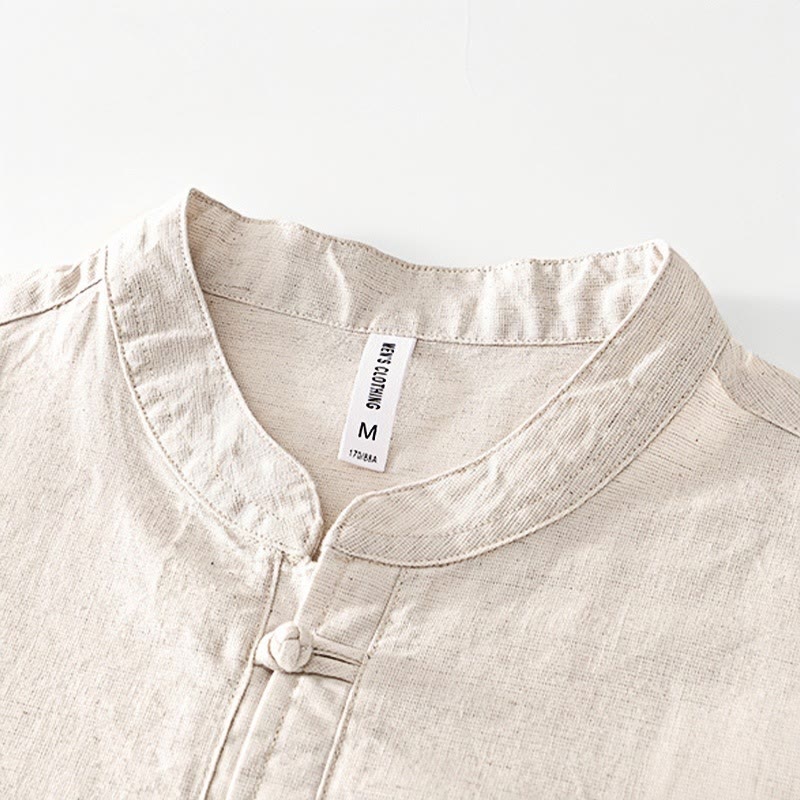 Chemise homme en coton et lin à col ras du cou et demi-boutonnage, motif Buddha Stones, douce et unie