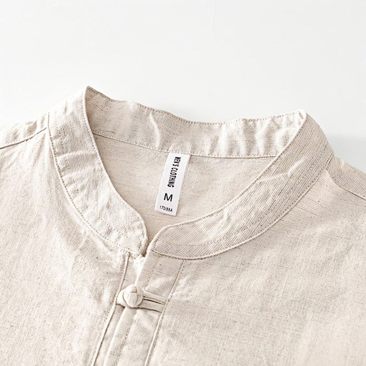 Chemise homme en coton et lin à col ras du cou et demi-boutonnage, motif Buddha Stones, douce et unie