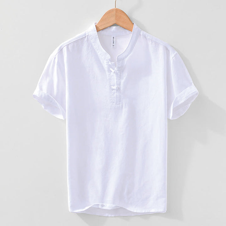 Chemise homme en coton et lin à col ras du cou et demi-boutonnage, motif Buddha Stones, douce et unie