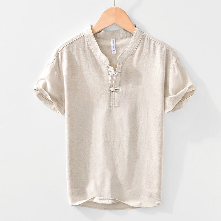 Chemise homme en coton et lin à col ras du cou et demi-boutonnage, motif Buddha Stones, douce et unie