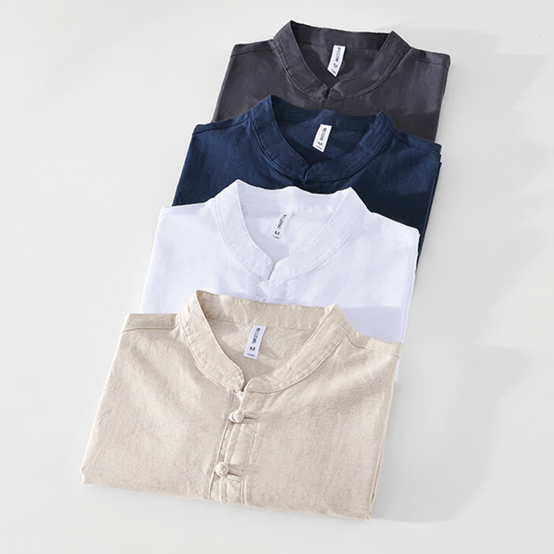 Chemise homme en coton et lin à col ras du cou et demi-boutonnage, motif Buddha Stones, douce et unie