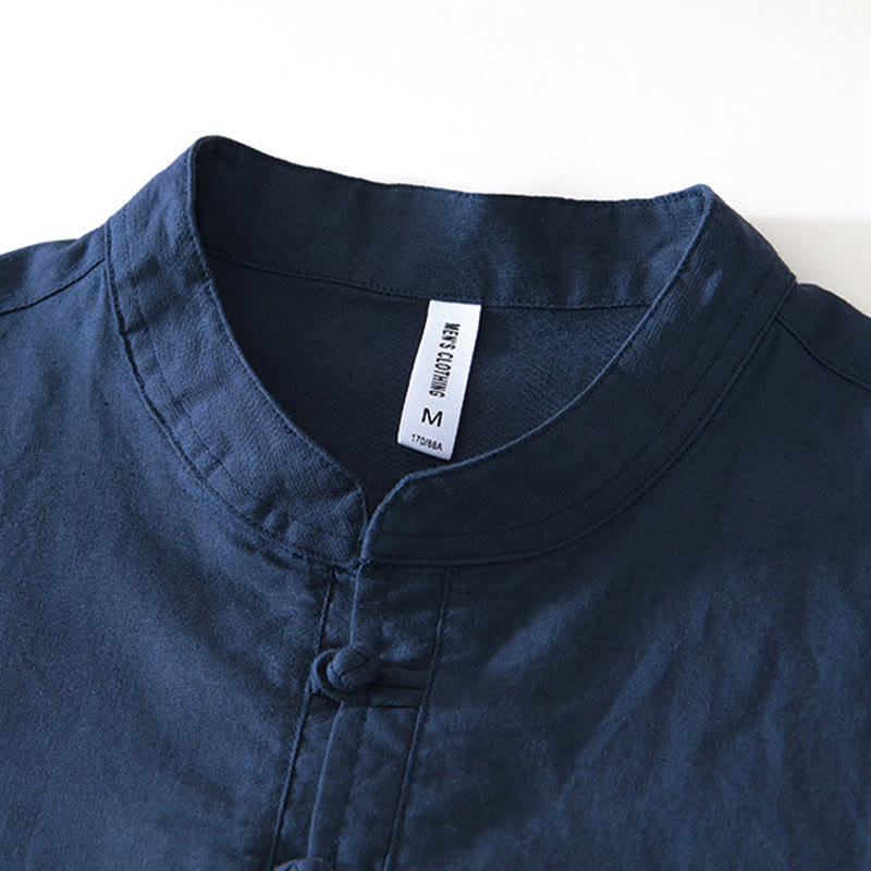 Chemise homme en coton et lin à col ras du cou et demi-boutonnage, motif Buddha Stones, douce et unie