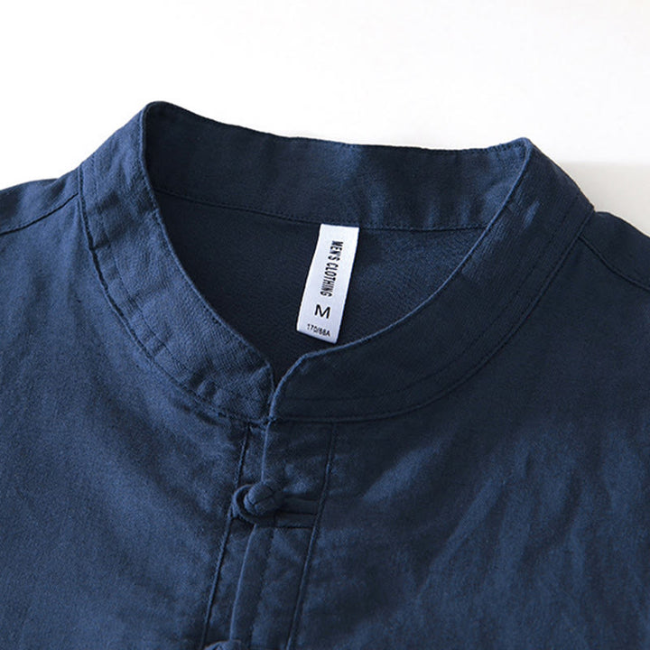 Chemise homme en coton et lin à col ras du cou et demi-boutonnage, motif Buddha Stones, douce et unie