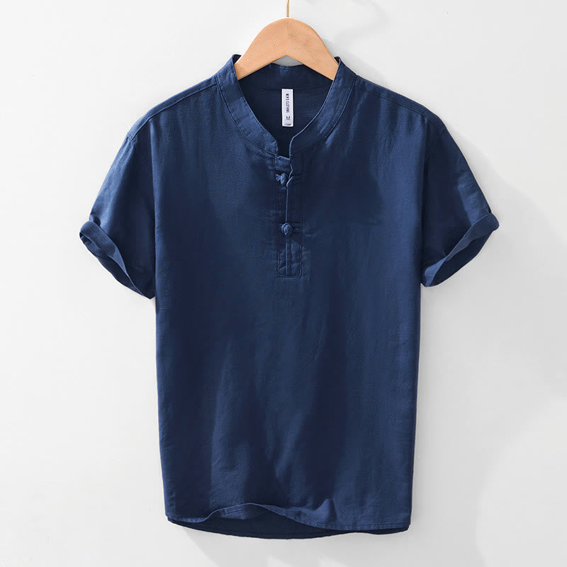 Chemise homme en coton et lin à col ras du cou et demi-boutonnage, motif Buddha Stones, douce et unie