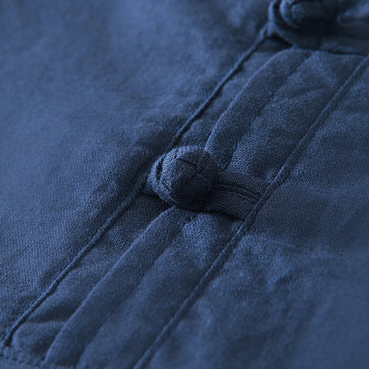 Chemise homme en coton et lin à col ras du cou et demi-boutonnage, motif Buddha Stones, douce et unie