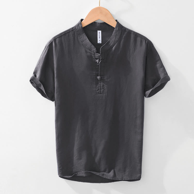 Chemise homme en coton et lin à col ras du cou et demi-boutonnage, motif Buddha Stones, douce et unie