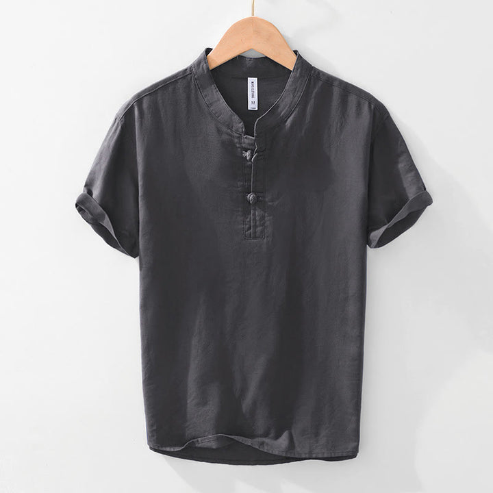 Chemise homme en coton et lin à col ras du cou et demi-boutonnage, motif Buddha Stones, douce et unie