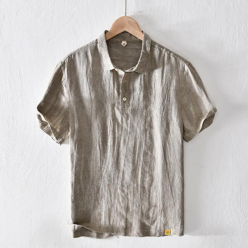Chemise homme en lin à manches courtes et demi-boutonnage, motif Buddha Stones, design simple - Kaki foncé - US/UK/AU42，EU52 (3XL) - image 0