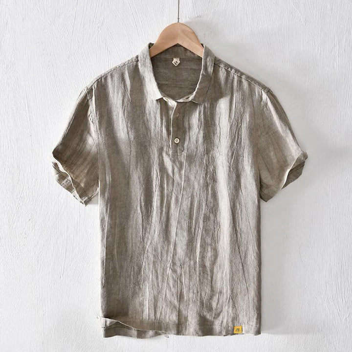 Chemise homme en lin à manches courtes et demi-boutonnage, motif Buddha Stones, design simple - Kaki foncé - US/UK/AU42，EU52 (3XL) - image 0