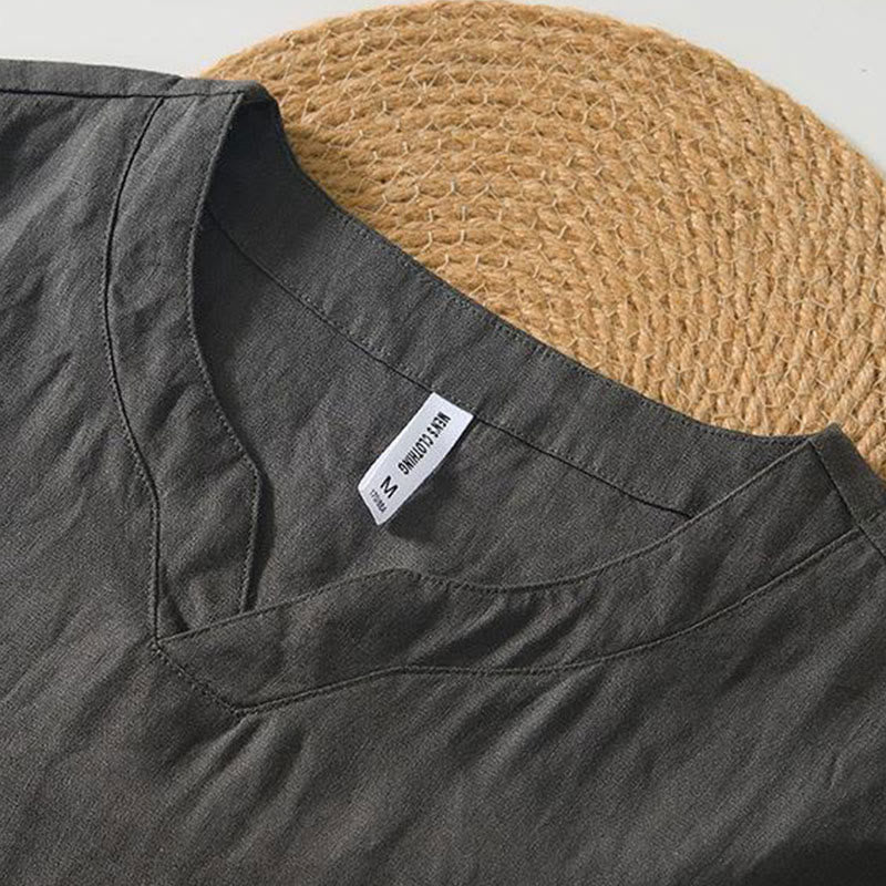 Chemise décontractée en lin à manches courtes et col en V pour homme Buddha Stones