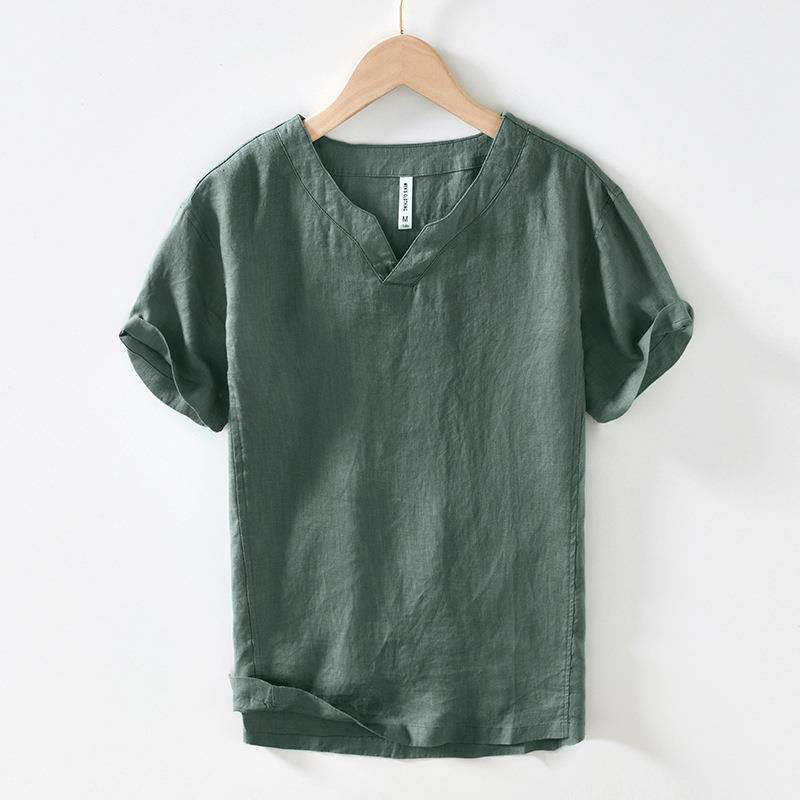 Chemise décontractée en lin à manches courtes et col en V pour homme Buddha Stones