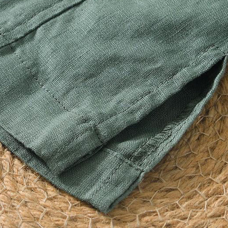 Chemise décontractée en lin à manches courtes et col en V pour homme Buddha Stones
