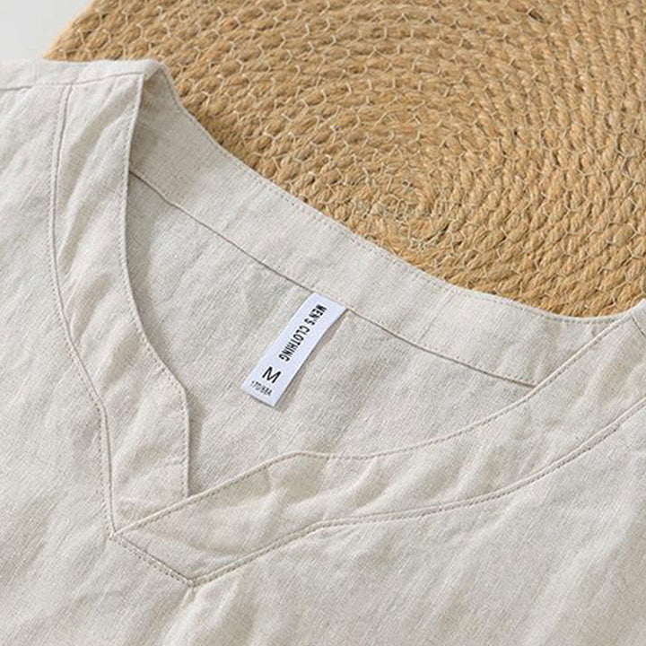 Chemise décontractée en lin à manches courtes et col en V pour homme Buddha Stones