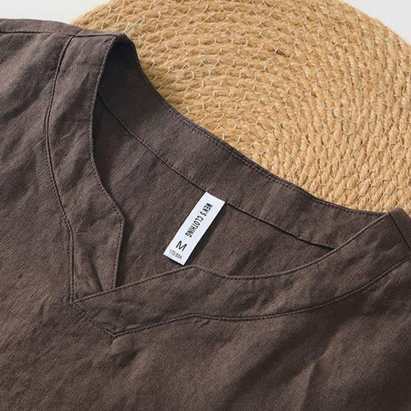 Chemise décontractée en lin à manches courtes et col en V pour homme Buddha Stones