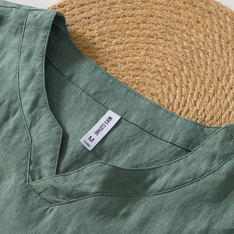 Chemise décontractée en lin à manches courtes et col en V pour homme Buddha Stones