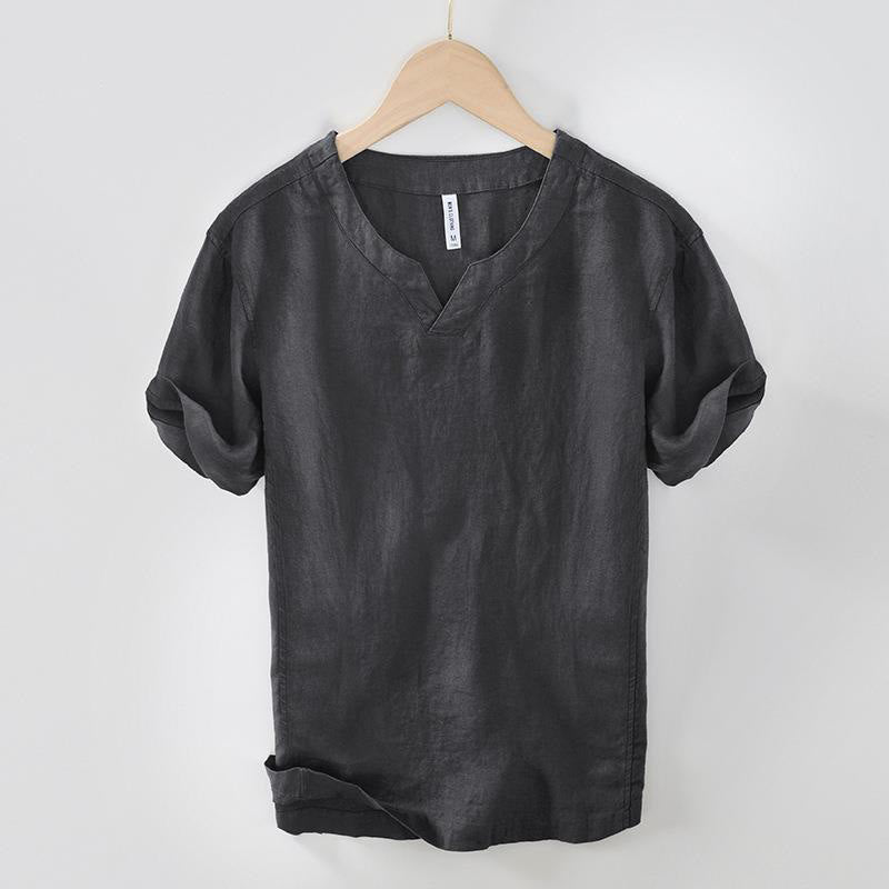 Chemise décontractée en lin à manches courtes et col en V pour homme Buddha Stones