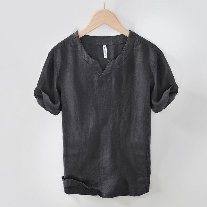 Chemise décontractée en lin à manches courtes et col en V pour homme Buddha Stones