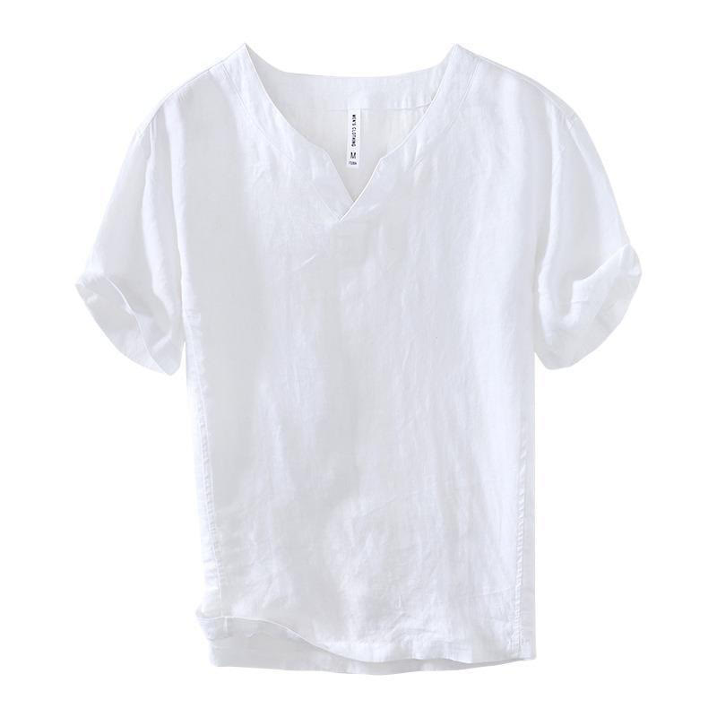 Chemise décontractée en lin à manches courtes et col en V pour homme Buddha Stones