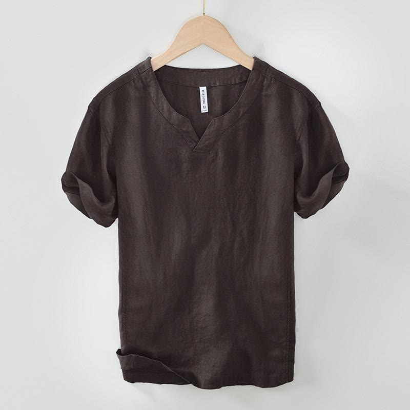 Chemise décontractée en lin à manches courtes et col en V pour homme Buddha Stones