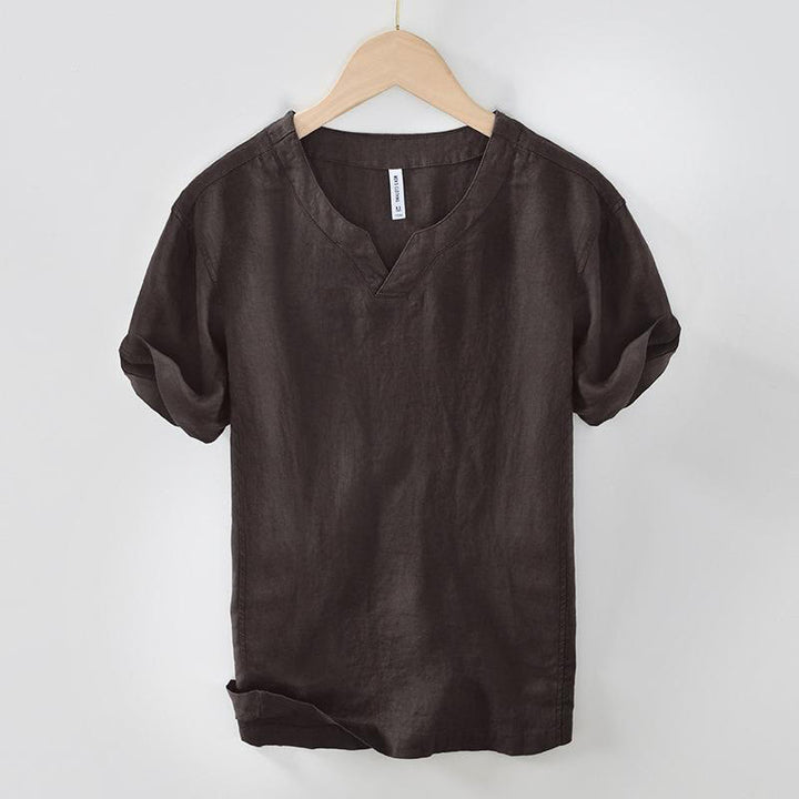 Chemise décontractée en lin à manches courtes et col en V pour homme Buddha Stones
