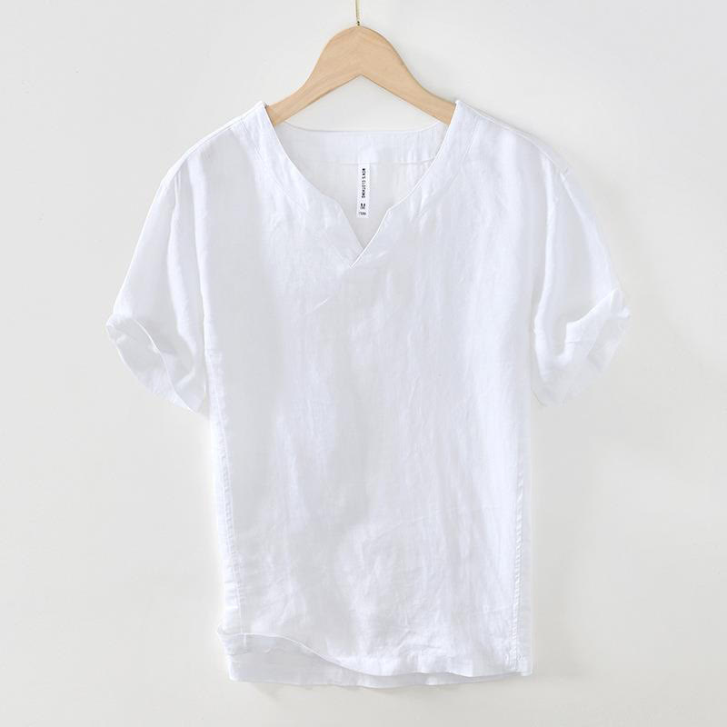 Chemise décontractée en lin à manches courtes et col en V pour homme Buddha Stones