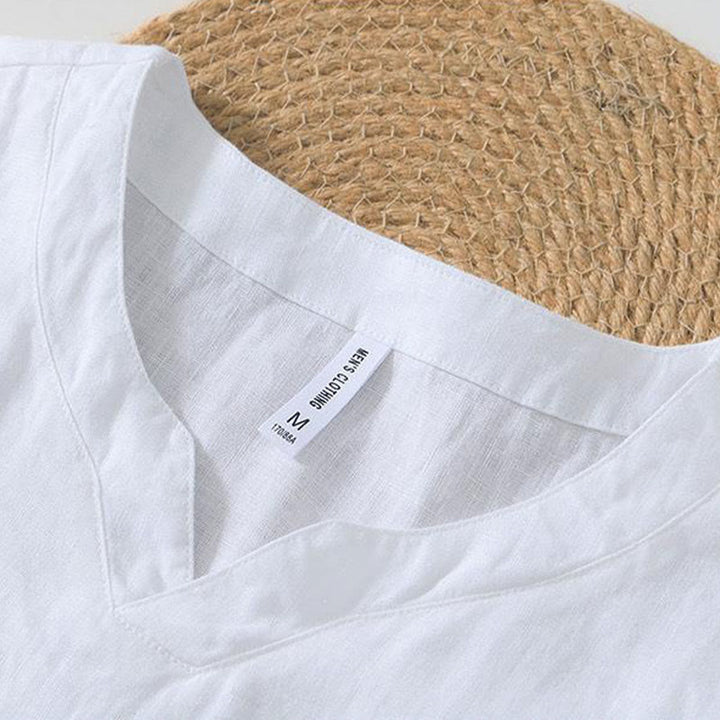 Chemise décontractée en lin à manches courtes et col en V pour homme Buddha Stones