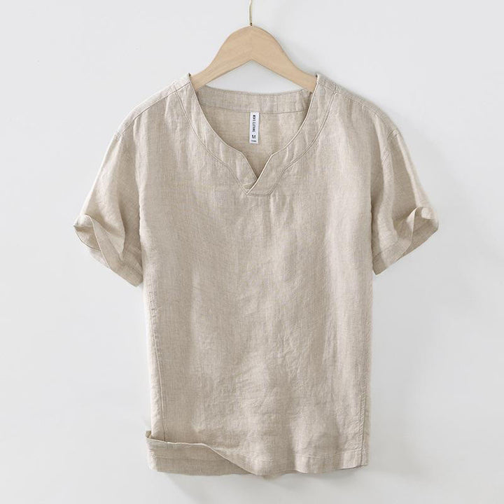 Chemise décontractée en lin à manches courtes et col en V pour homme Buddha Stones