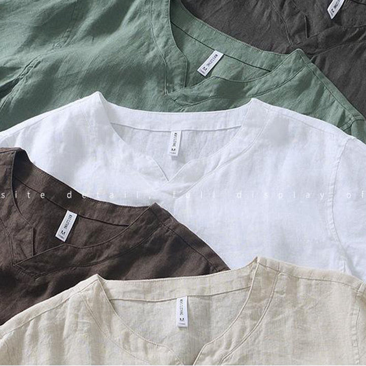 Chemise décontractée en lin à manches courtes et col en V pour homme Buddha Stones