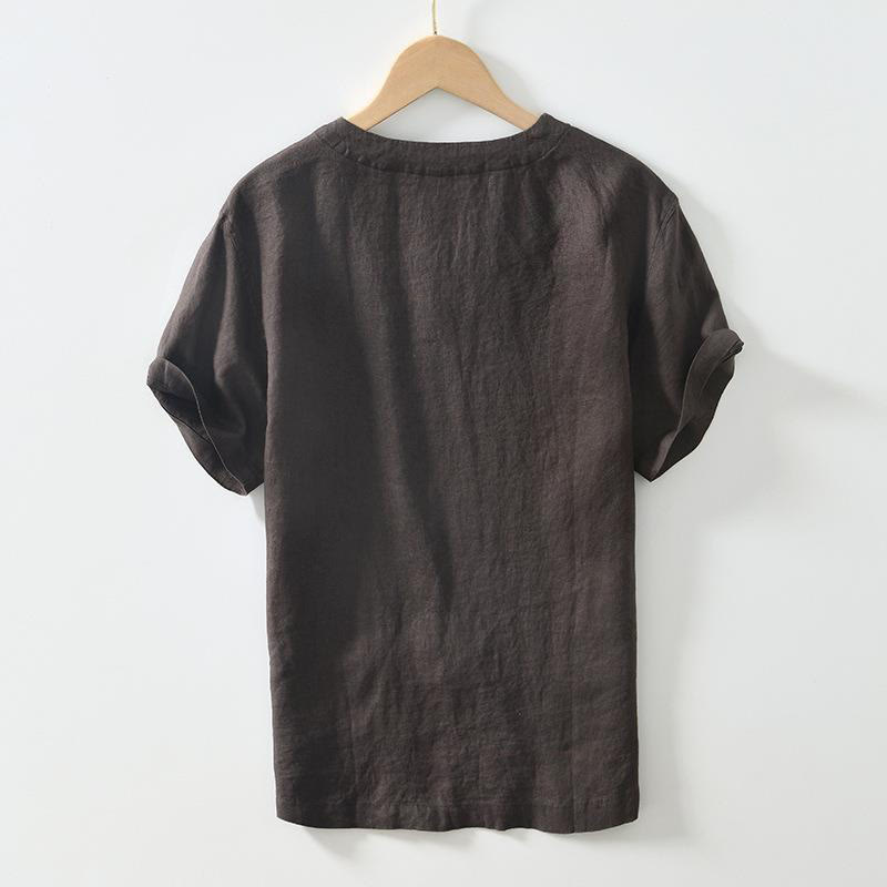 Chemise décontractée en lin à manches courtes et col en V pour homme Buddha Stones
