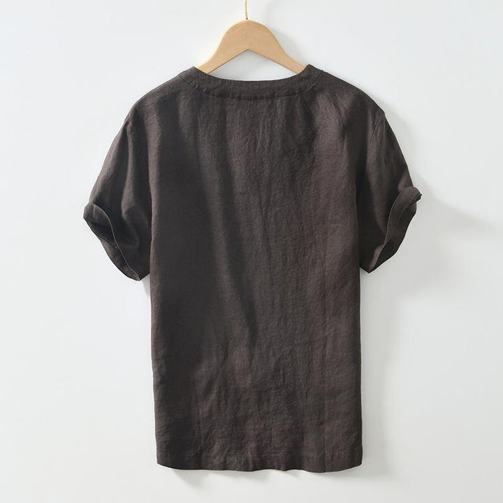 Chemise décontractée en lin à manches courtes et col en V pour homme Buddha Stones