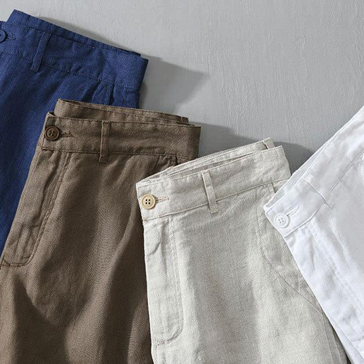 Short homme en lin uni avec cordon de serrage et poches Motif Buddha Stones