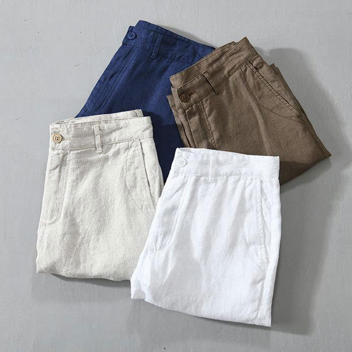 Short homme en lin uni avec cordon de serrage et poches Motif Buddha Stones
