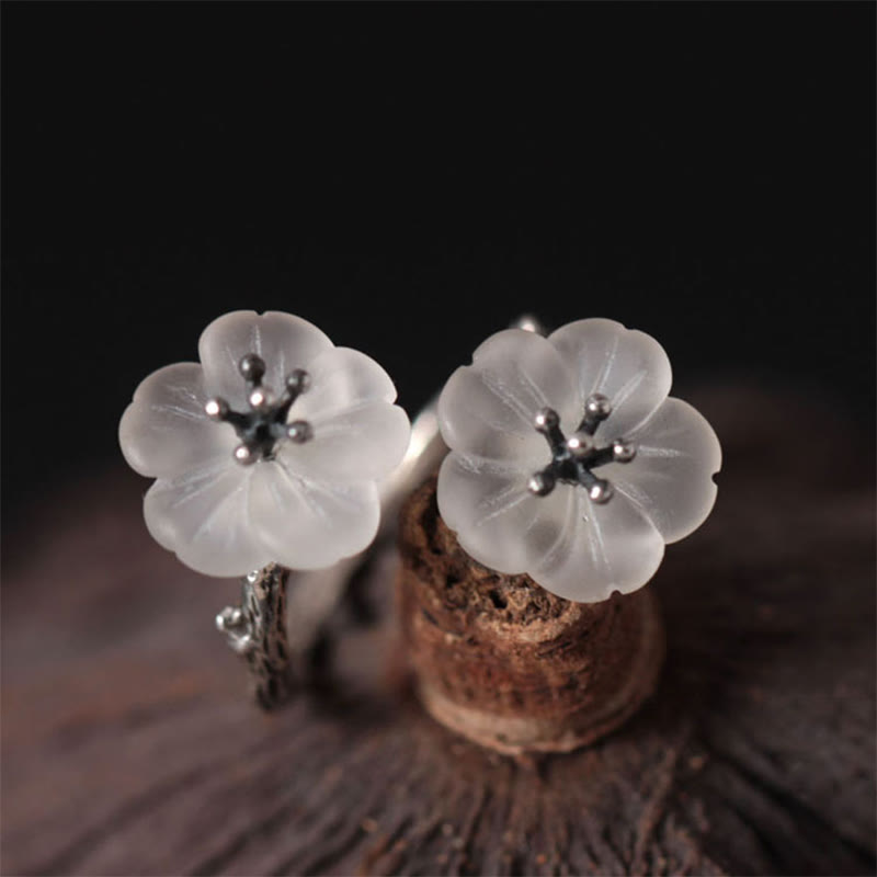 Bague de protection réglable en argent Buddha Stones 925 avec double fleur de prunier et cristal blanc - image 8