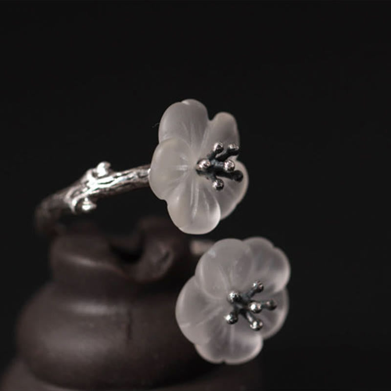 Bague de protection réglable en argent Buddha Stones 925 avec double fleur de prunier et cristal blanc - image 12