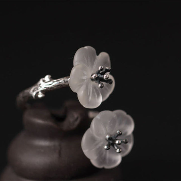 Bague de protection réglable en argent Buddha Stones 925 avec double fleur de prunier et cristal blanc - image 12