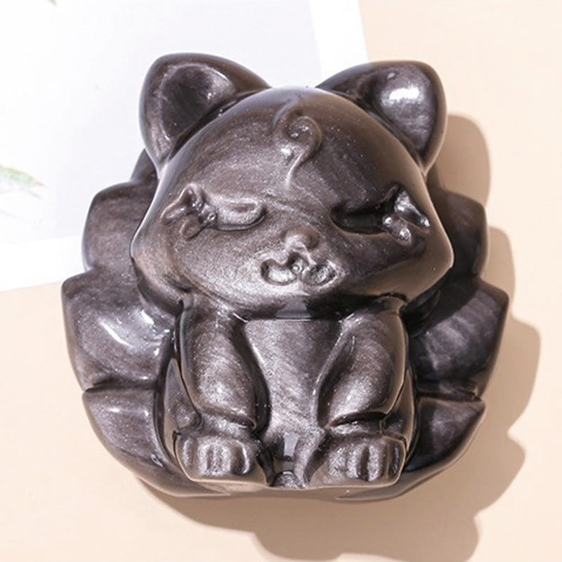 Buddha Stones en obsidienne naturelle argentée brillante, protection du renard à neuf queues, décoration de la maison - image 7