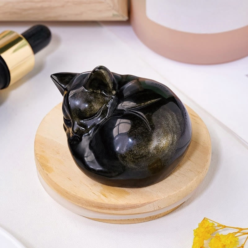 Statue de chat endormi en obsidienne dorée naturelle, Buddha Stones, décoration d'intérieur - image 3