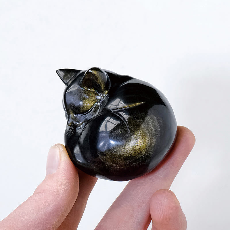 Statue de chat endormi en obsidienne dorée naturelle, Buddha Stones, décoration d'intérieur - image 4