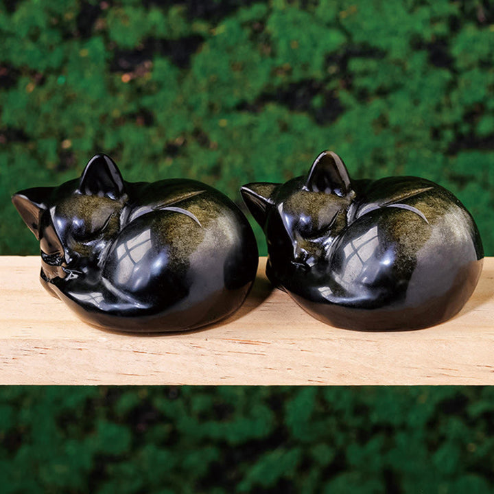 Statue de chat endormi en obsidienne dorée naturelle, Buddha Stones, décoration d'intérieur - image 1