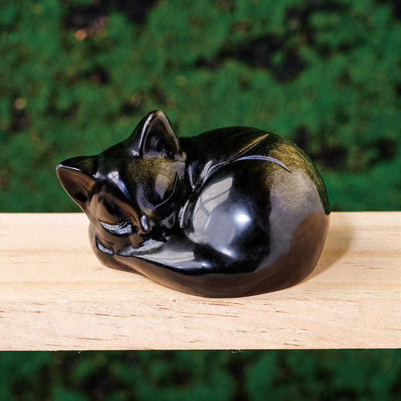 Statue de chat endormi en obsidienne dorée naturelle, Buddha Stones, décoration d'intérieur - Obsidienne dorée brillante 6*5cm - image 2