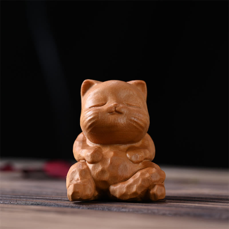Buddha Stones Mini Chat Assis Mignon Bois de Santal Protection Décoration de la Maison - Chat en bois de santal doré 5,3 x 4,8 x 4,3 cm - image 2