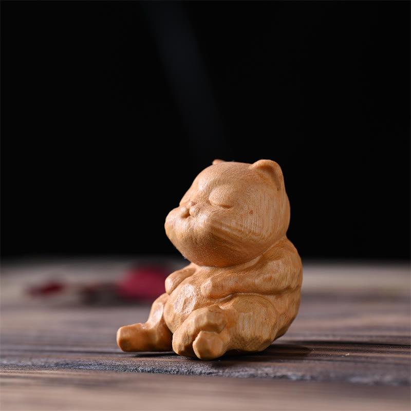 Buddha Stones Mini Chat Assis Mignon Bois de Santal Protection Décoration de la Maison - Chat en bois de santal doré 4,6 x 4 x 3,6 cm - image 2