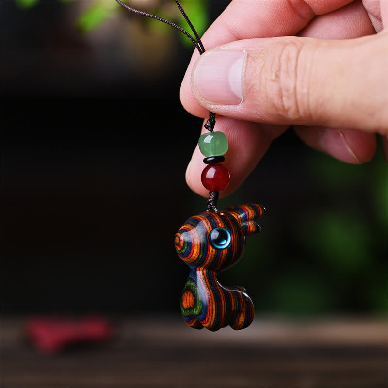 Buddha Stones Petite Feuille Bois de Santal Rouge Bois d'Ébène Bois de Santal Bois de Santal Vert Porte-Bonheur Mini Chat Cerf Apaisant Téléphone Décoration Suspendue - Cerf arc-en-ciel - image 21